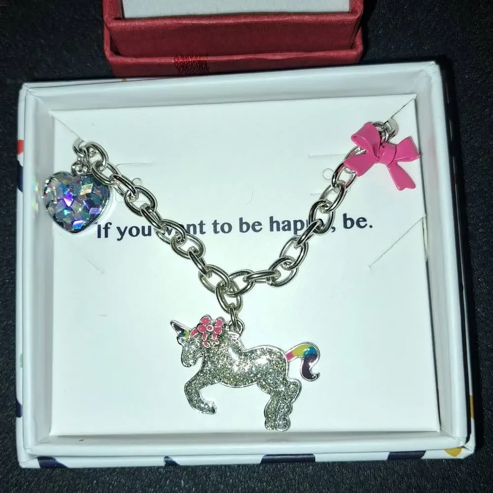 Silver Tone Glitter Unicorn Charm Bracelet w/ Crystal Heart & Bow New + Gift Box